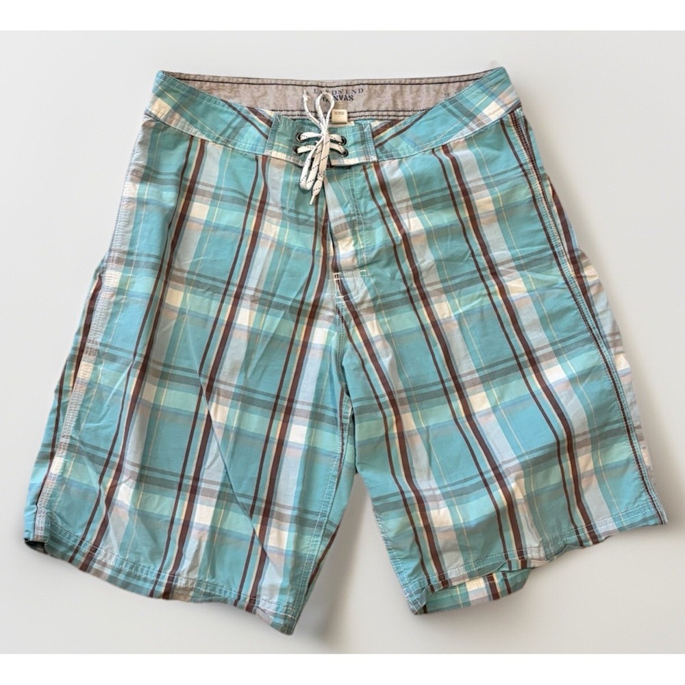 Lands End Mens 32 Cotton Canvas Straight Fit Board Shorts Blue Plaid Preppy